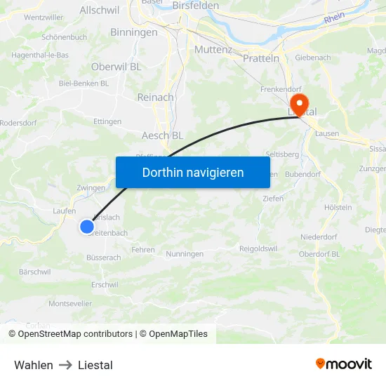 Wahlen to Liestal map
