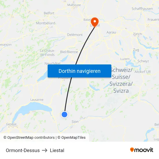 Ormont-Dessus to Liestal map