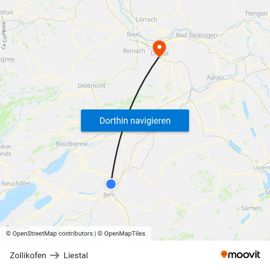 Zollikofen to Liestal map