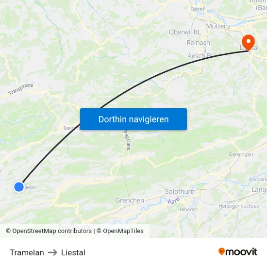 Tramelan to Liestal map