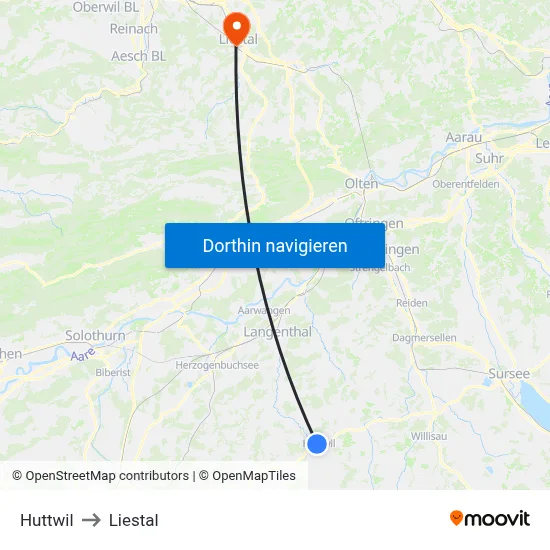Huttwil to Liestal map