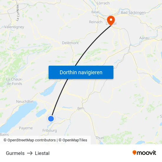 Gurmels to Liestal map