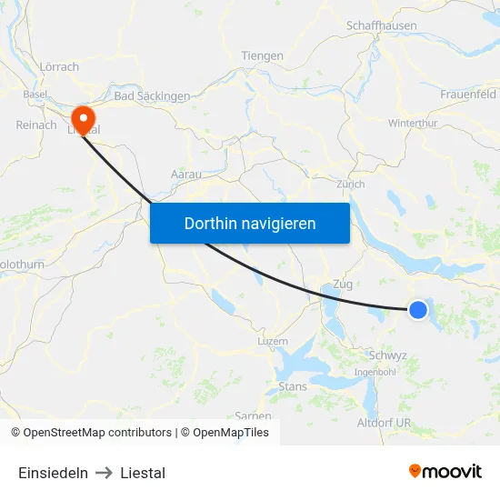 Einsiedeln to Liestal map