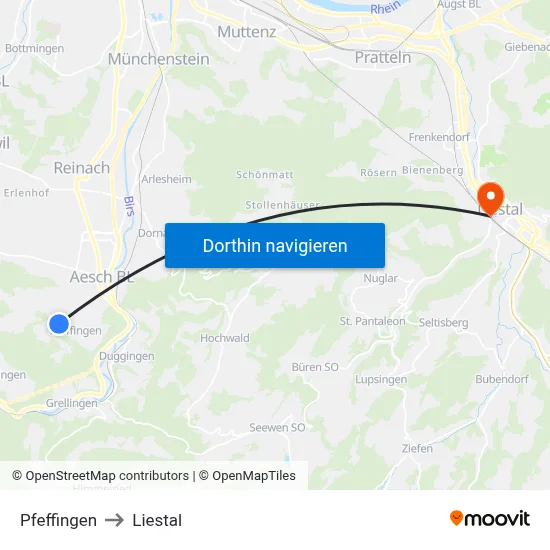 Pfeffingen to Liestal map