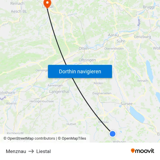 Menznau to Liestal map