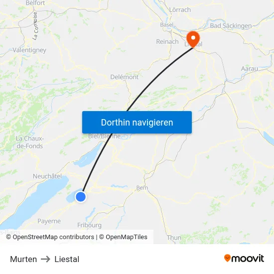 Murten to Liestal map