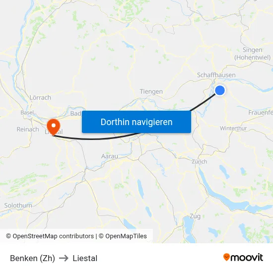 Benken (Zh) to Liestal map
