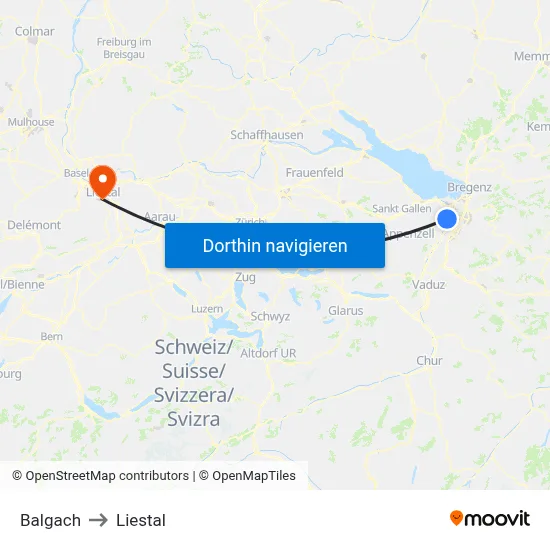 Balgach to Liestal map