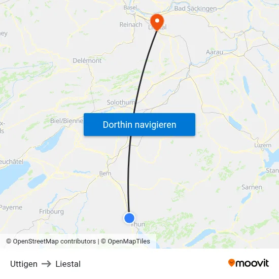 Uttigen to Liestal map