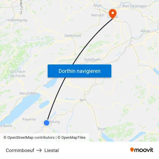 Corminboeuf to Liestal map
