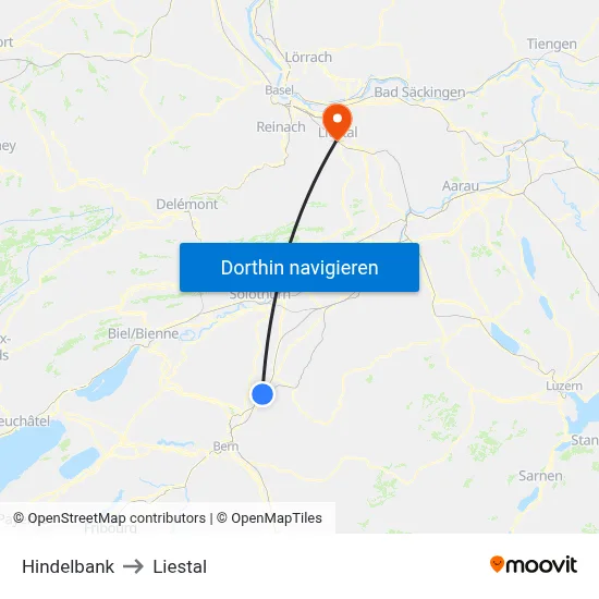 Hindelbank to Liestal map