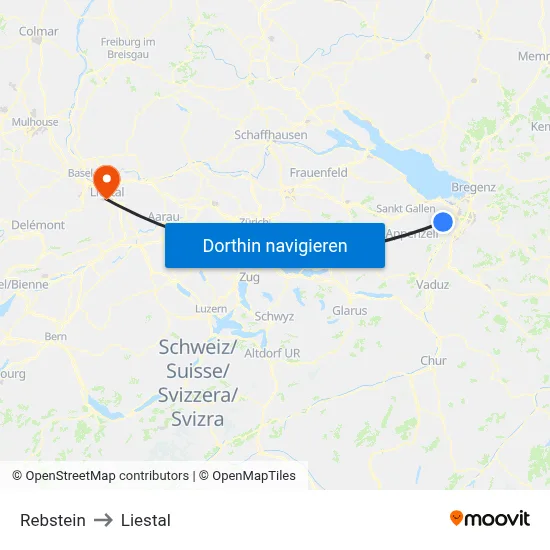 Rebstein to Liestal map