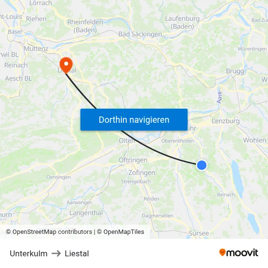 Unterkulm to Liestal map