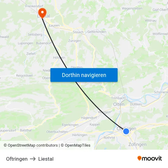 Oftringen to Liestal map