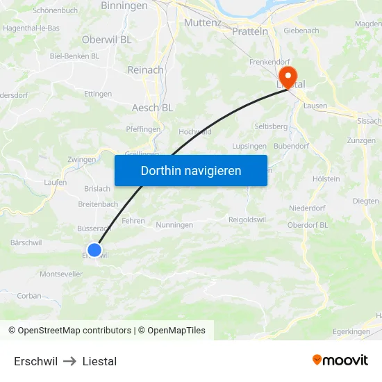 Erschwil to Liestal map