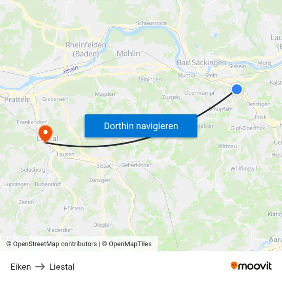 Eiken to Liestal map