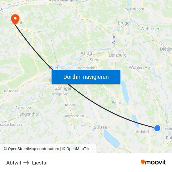 Abtwil to Liestal map