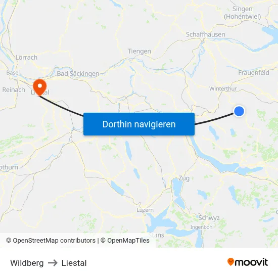 Wildberg to Liestal map