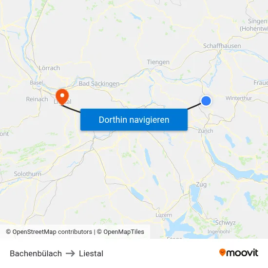 Bachenbülach to Liestal map