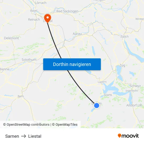 Sarnen to Liestal map