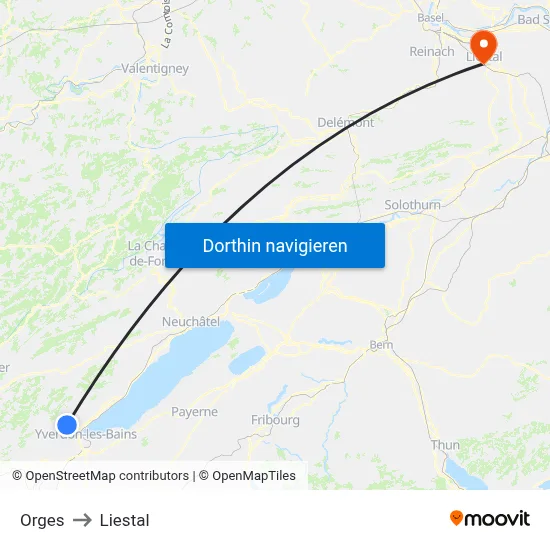 Orges to Liestal map