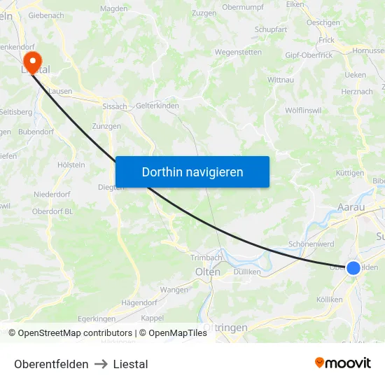 Oberentfelden to Liestal map