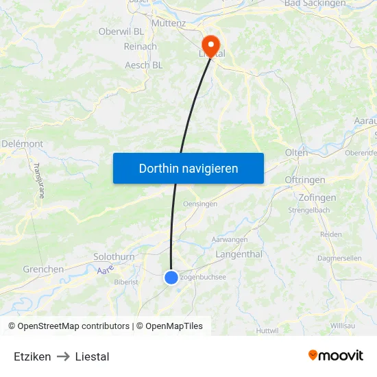 Etziken to Liestal map