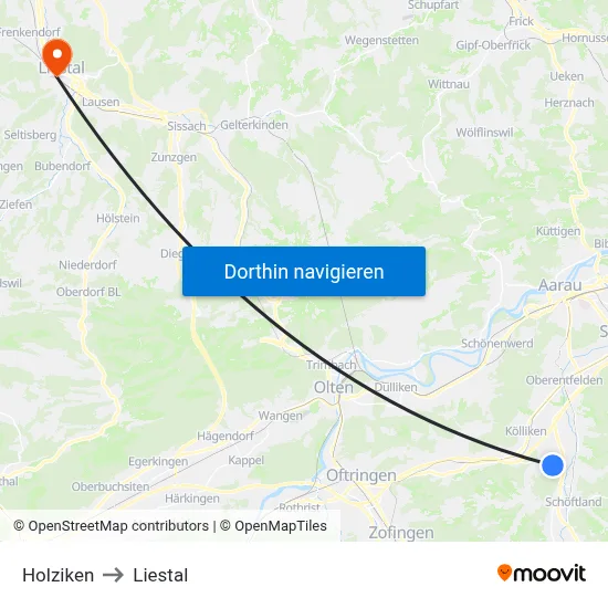 Holziken to Liestal map