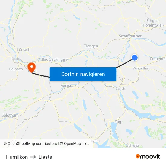 Humlikon to Liestal map