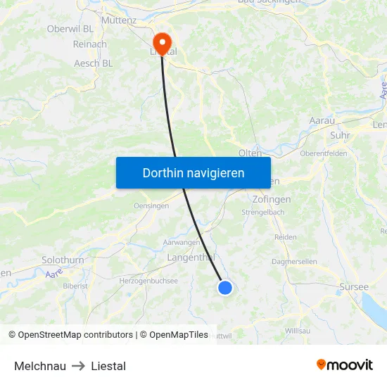 Melchnau to Liestal map