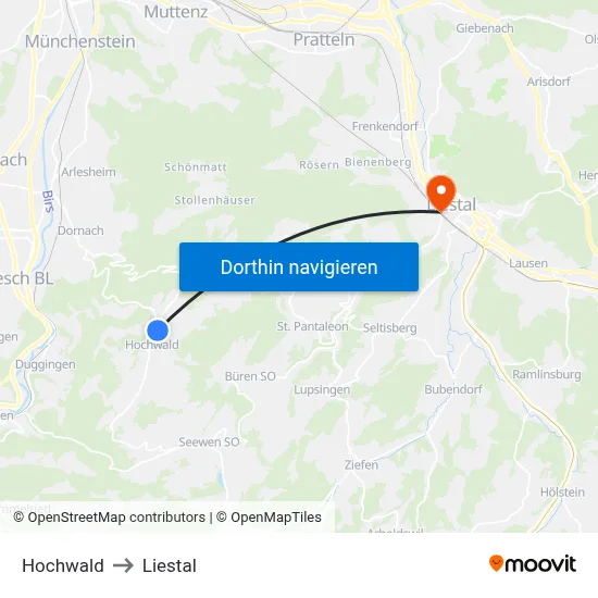 Hochwald to Liestal map