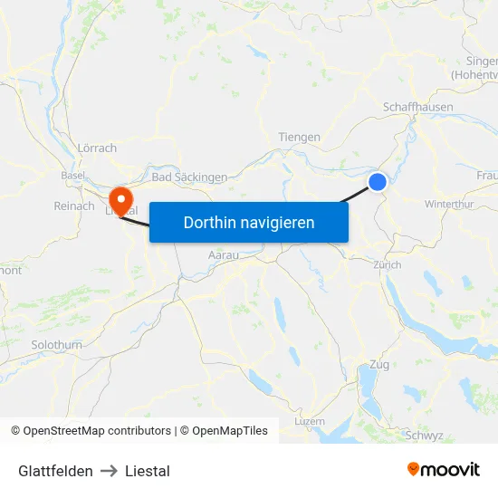 Glattfelden to Liestal map