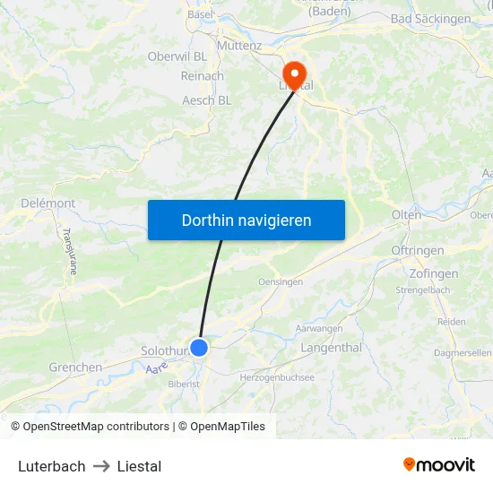 Luterbach to Liestal map
