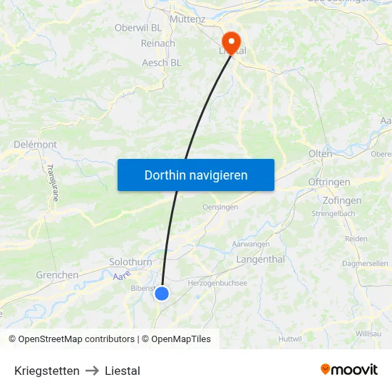 Kriegstetten to Liestal map