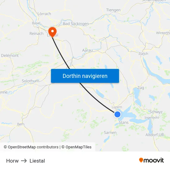 Horw to Liestal map