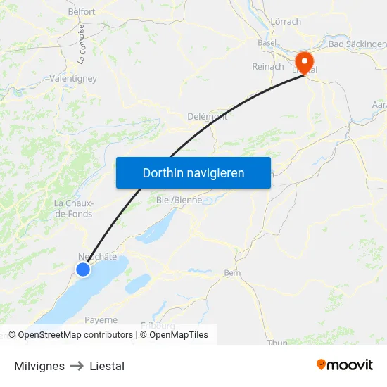 Milvignes to Liestal map