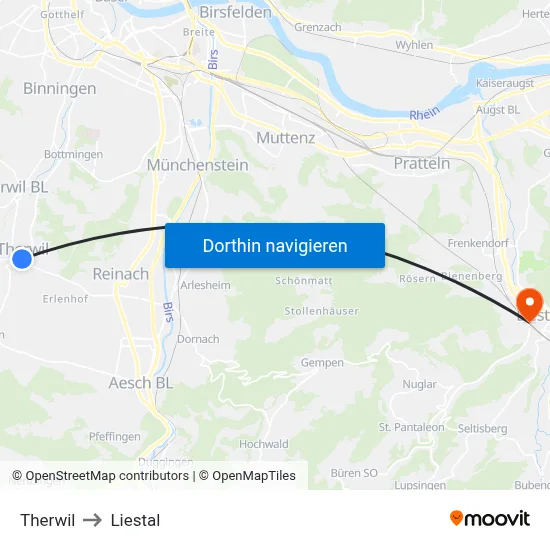 Therwil to Liestal map