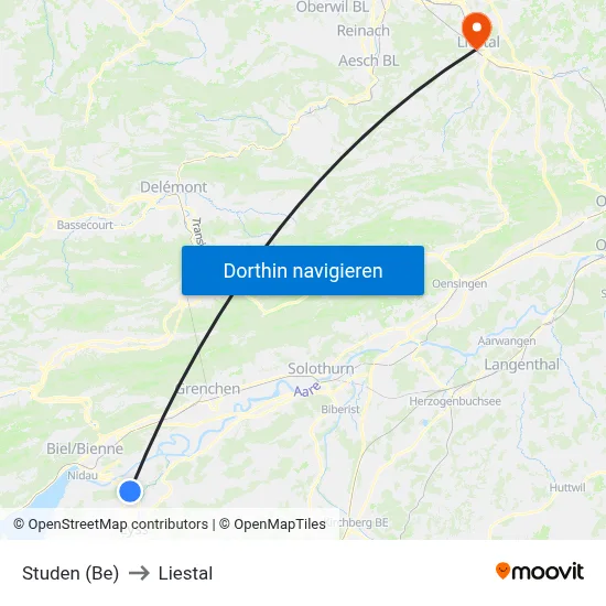 Studen (Be) to Liestal map