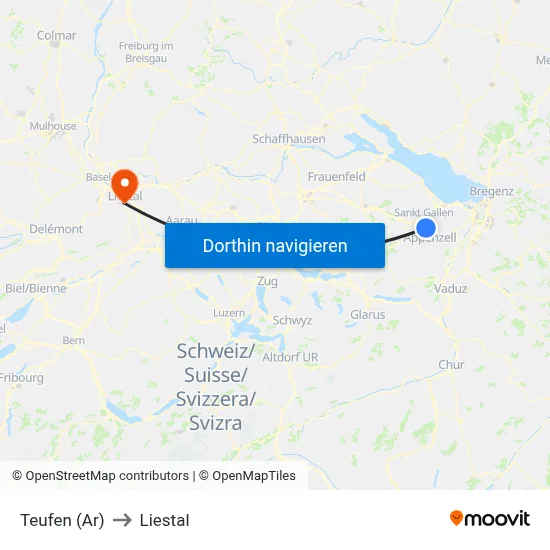 Teufen (Ar) to Liestal map