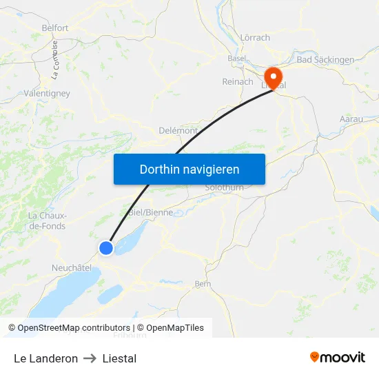 Le Landeron to Liestal map