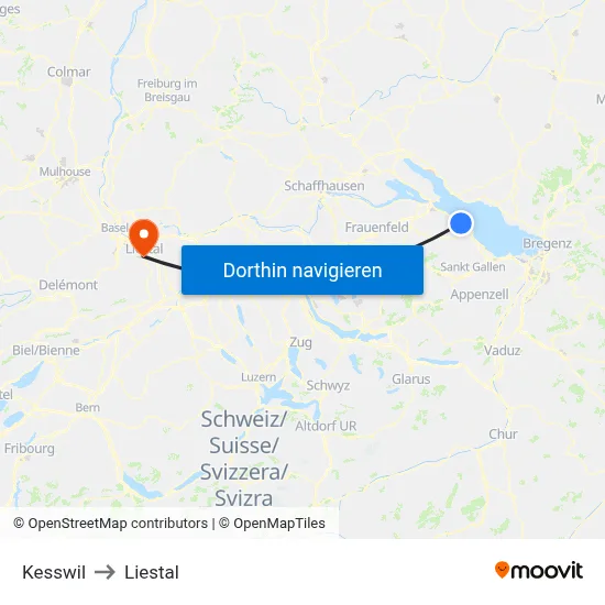 Kesswil to Liestal map