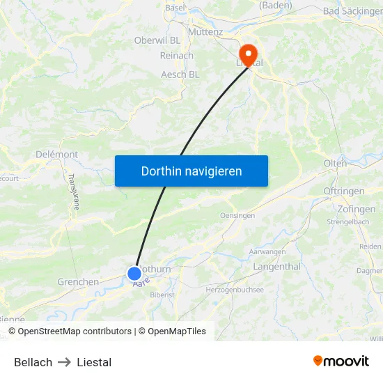 Bellach to Liestal map