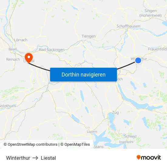 Winterthur to Liestal map