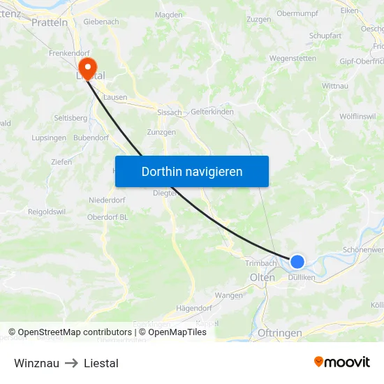 Winznau to Liestal map