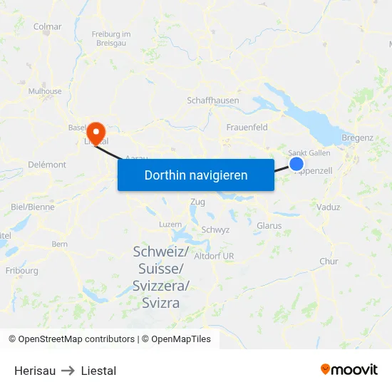 Herisau to Liestal map