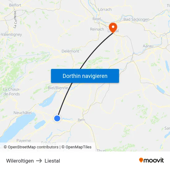 Wileroltigen to Liestal map