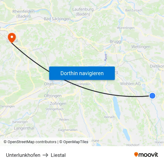 Unterlunkhofen to Liestal map