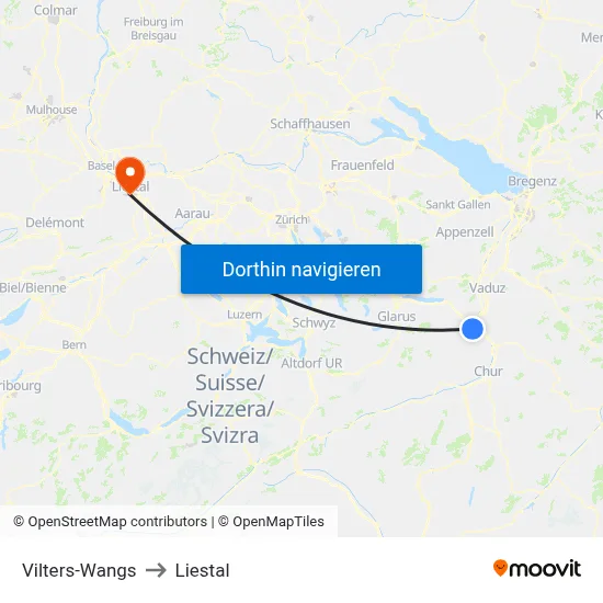 Vilters-Wangs to Liestal map