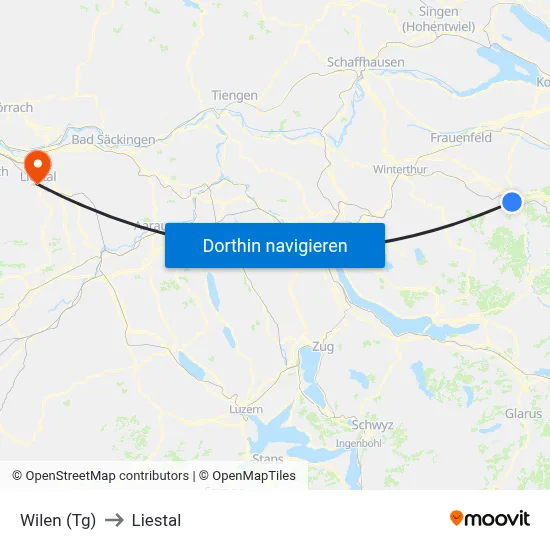 Wilen (Tg) to Liestal map