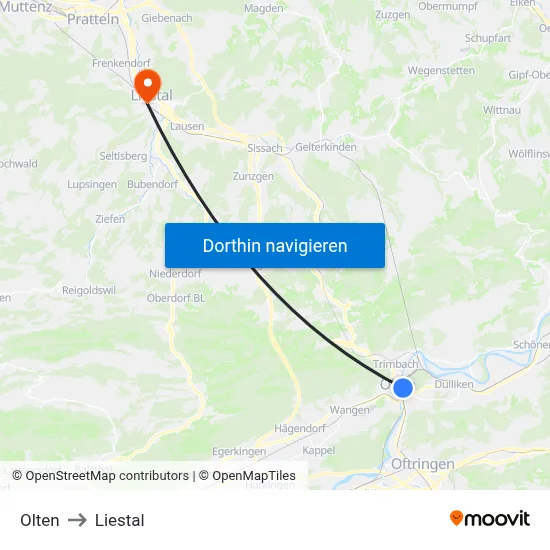 Olten to Liestal map